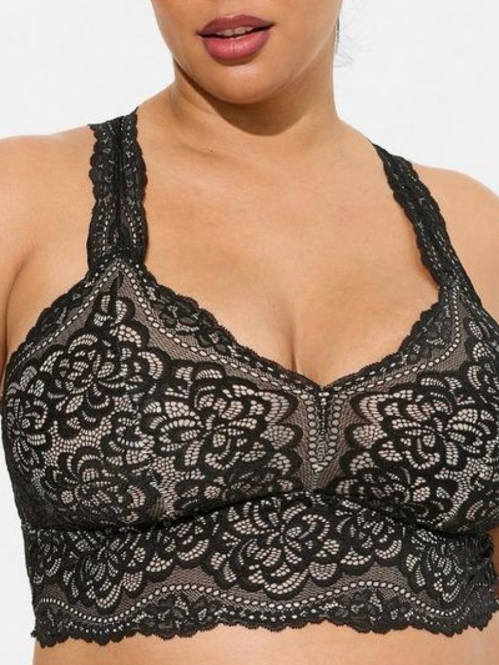 Torrid Black Lace Racerback Bralette Size 0 (L/12) Unlined Sheer Sexy